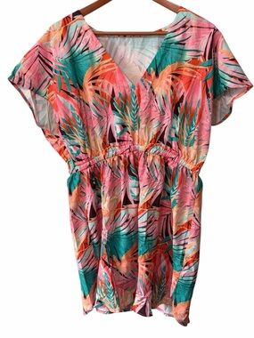 Cupshe Tropical cover up Dress in Pink & Teal